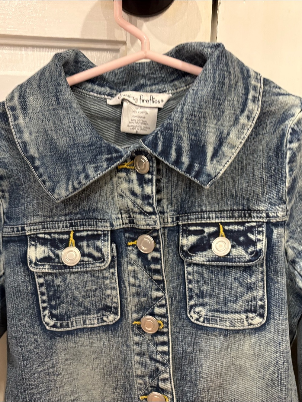 Chasing Fireflies Distressed Blue Denim Jacket with Yellow Stitch Accents